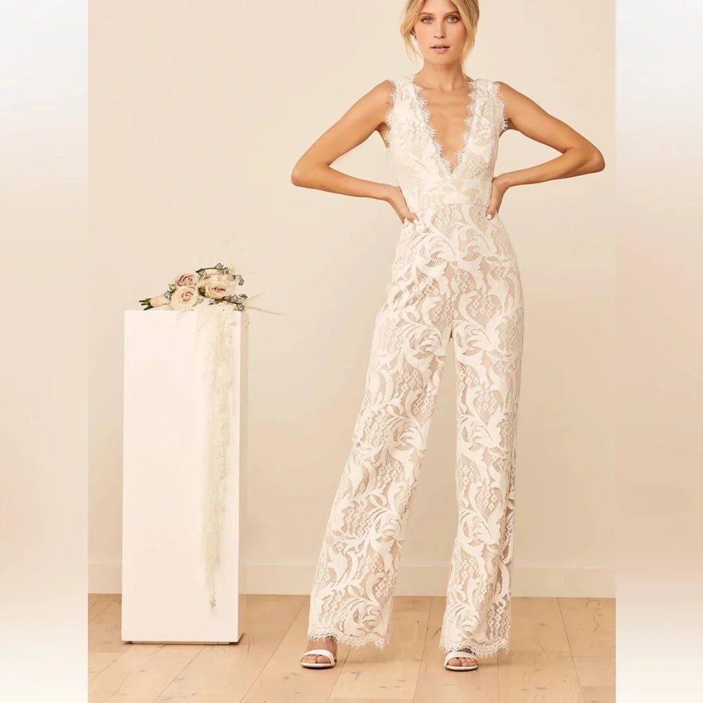 NWT Lulus Enamored With You White Lace Wide-Leg Jumpsuit, Womens Size XS